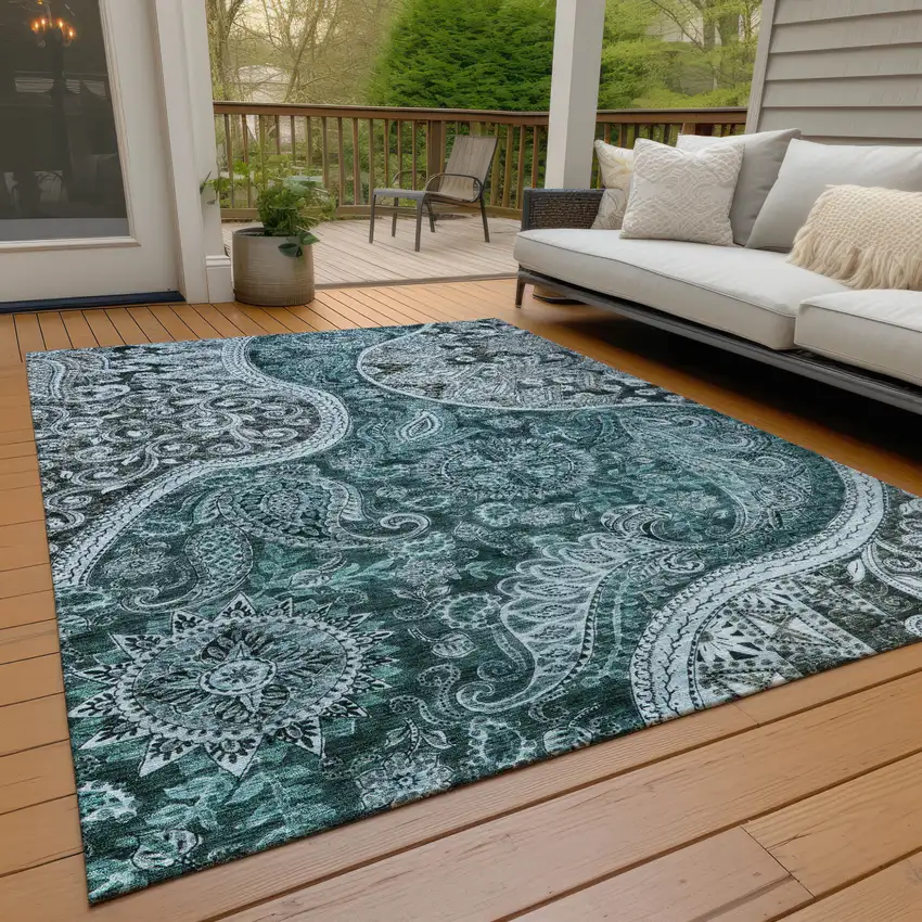 Teal Blue And Dark Green Floral Medallion Washable Indoor Outdoor Area Rug Photo 9