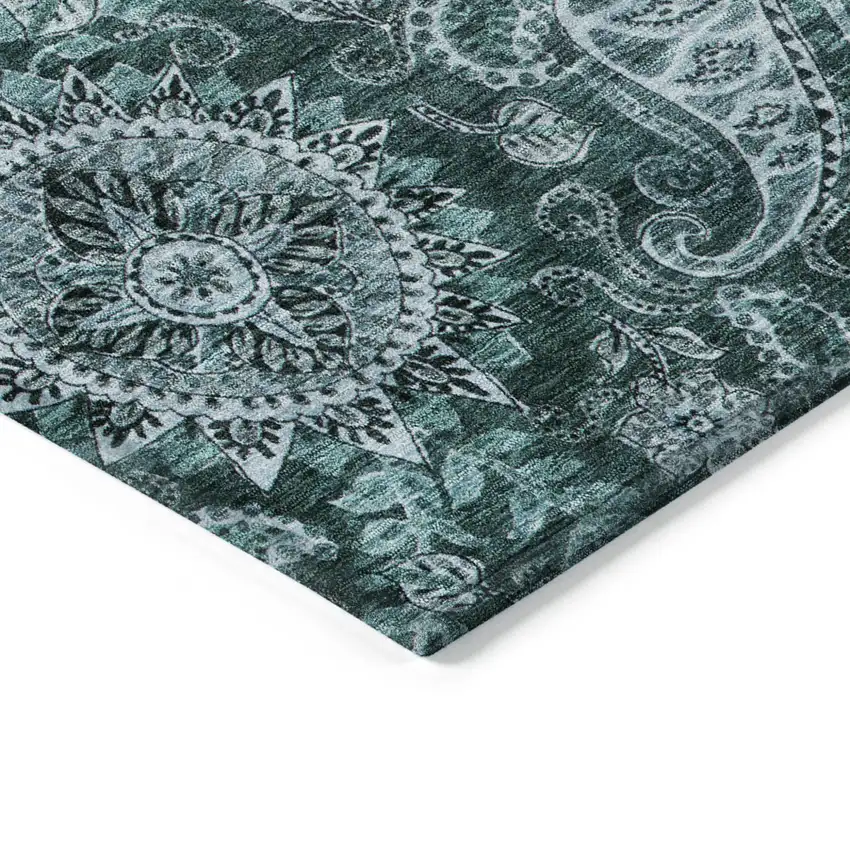 Teal Blue And Dark Green Floral Medallion Washable Indoor Outdoor Area Rug Photo 4