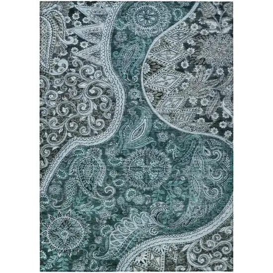 Teal Blue And Dark Green Floral Medallion Washable Indoor Outdoor Area Rug Photo 2