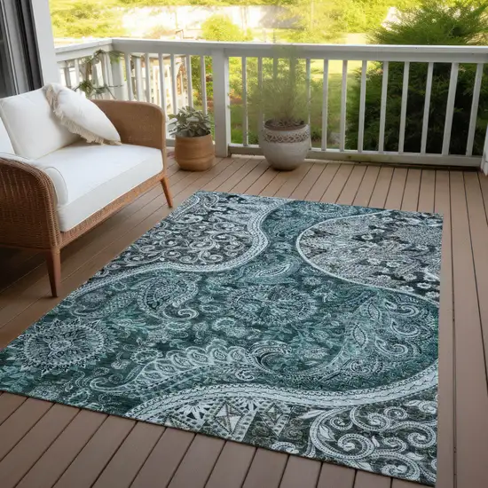Teal Blue And Dark Green Floral Medallion Washable Indoor Outdoor Area Rug Photo 6