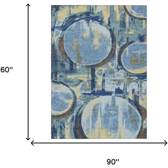 Teal Blue And Denim Blue Abstract Washable Indoor Outdoor Area Rug Photo 6