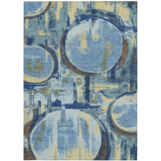 Teal Blue And Denim Blue Abstract Washable Indoor Outdoor Area Rug Photo 3
