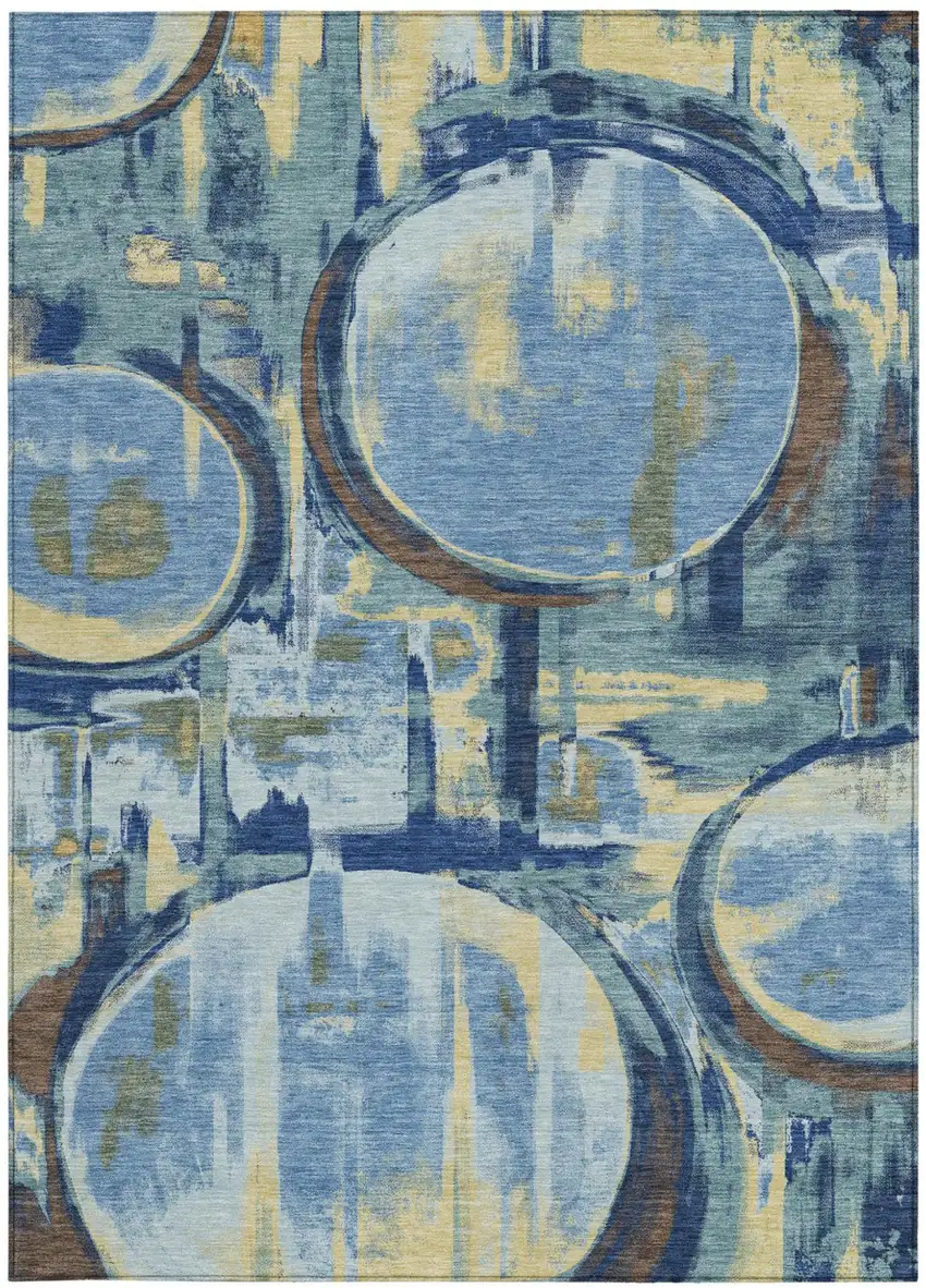 Teal Blue And Denim Blue Abstract Washable Indoor Outdoor Area Rug Photo 3
