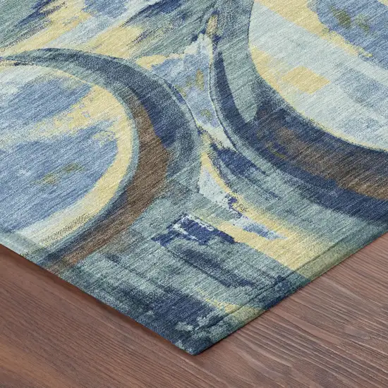 Teal Blue And Denim Blue Abstract Washable Indoor Outdoor Area Rug Photo 4