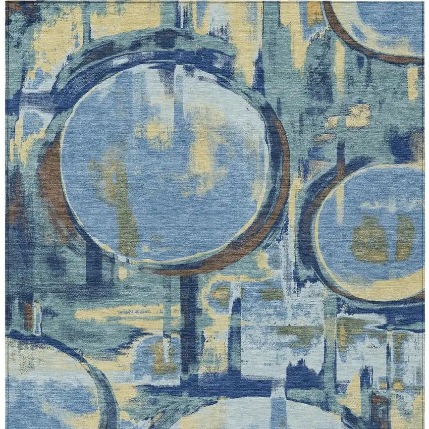 Teal Blue And Denim Blue Abstract Washable Indoor Outdoor Area Rug Photo 3