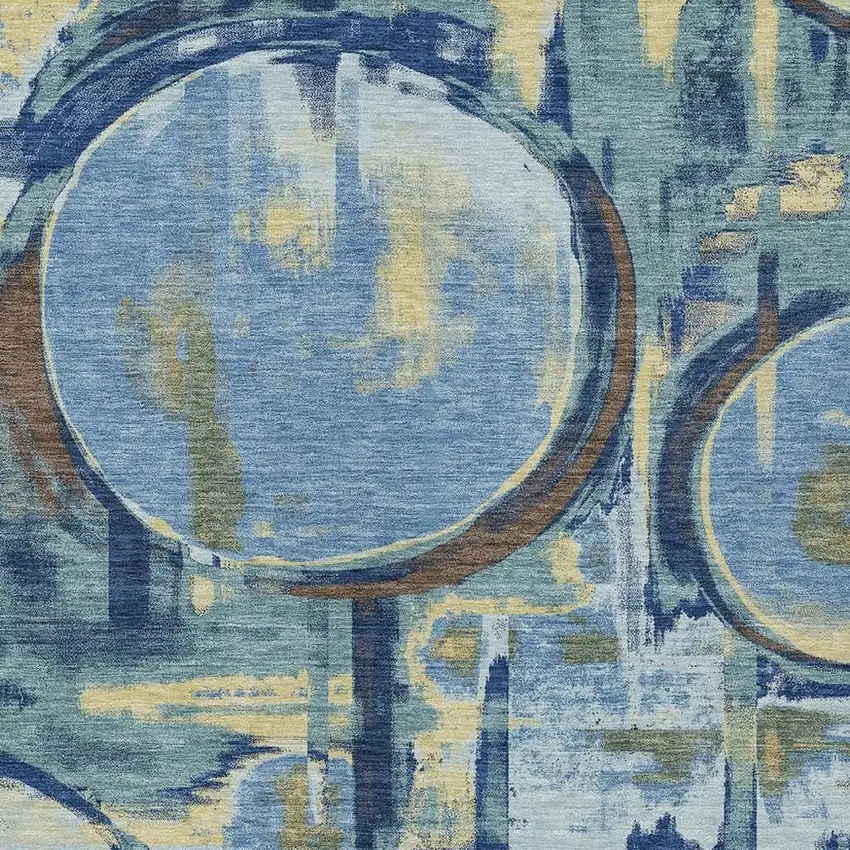 Teal Blue And Denim Blue Abstract Washable Indoor Outdoor Area Rug Photo 2