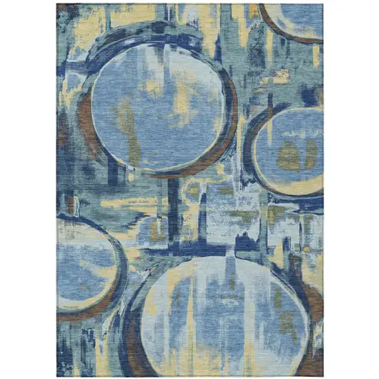 Teal Blue And Denim Blue Abstract Washable Indoor Outdoor Area Rug Photo 1
