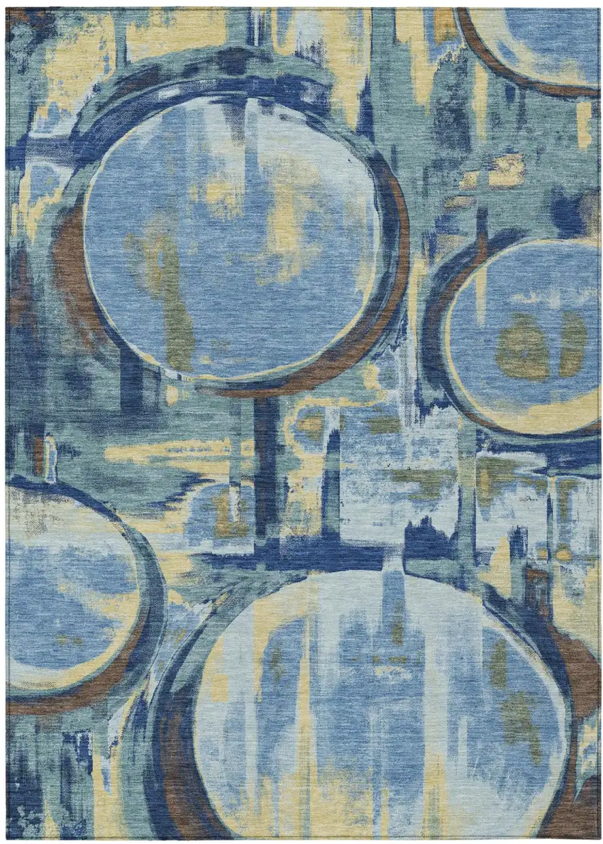 Teal Blue And Denim Blue Abstract Washable Indoor Outdoor Area Rug Photo 1