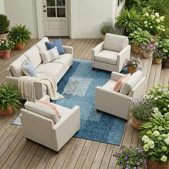 Teal Blue And Denim Blue Abstract Washable Indoor Outdoor Area Rug Photo 1