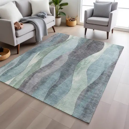 Teal Blue And Fern Green Abstract Washable Indoor Outdoor Area Rug Photo 4