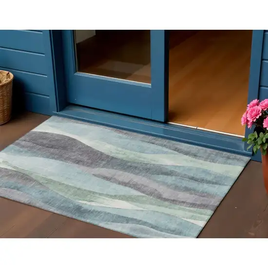 Teal Blue And Fern Green Abstract Washable Indoor Outdoor Area Rug Photo 2