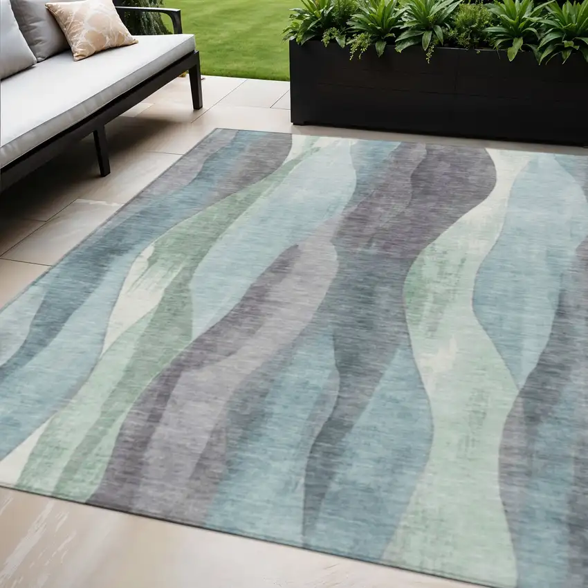 Teal Blue And Fern Green Abstract Washable Indoor Outdoor Area Rug Photo 2