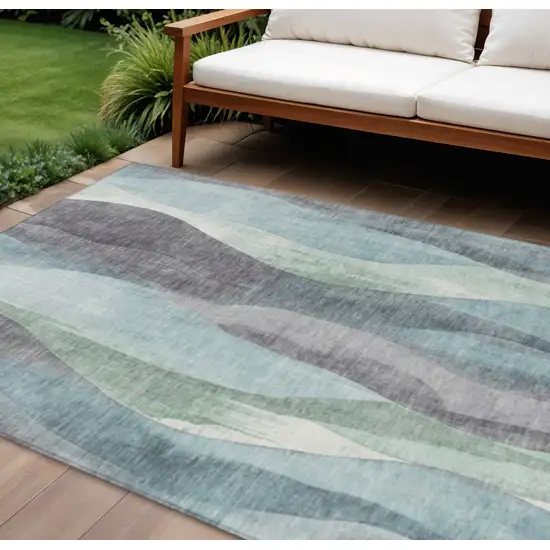 Teal Blue And Fern Green Abstract Washable Indoor Outdoor Area Rug Photo 2