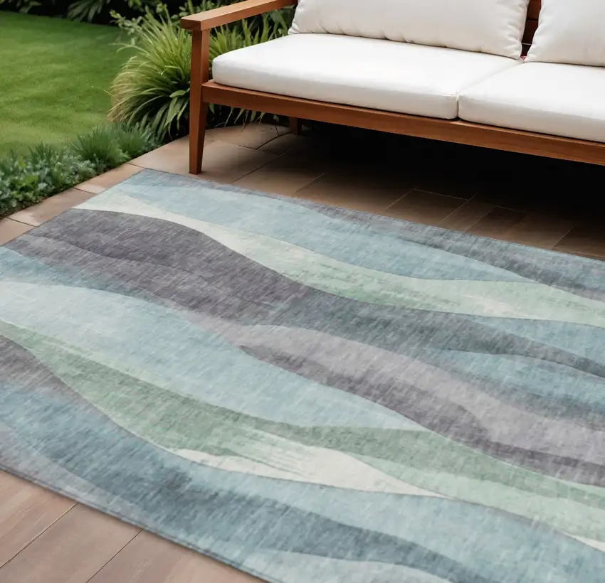 Teal Blue And Fern Green Abstract Washable Indoor Outdoor Area Rug Photo 2