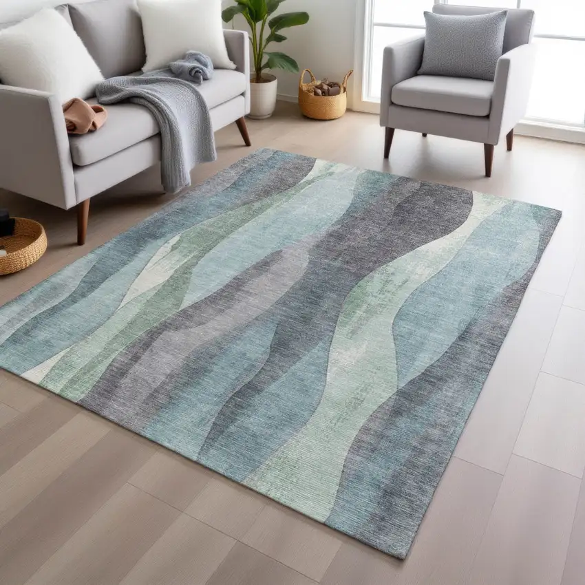 Teal Blue And Fern Green Abstract Washable Indoor Outdoor Area Rug Photo 5