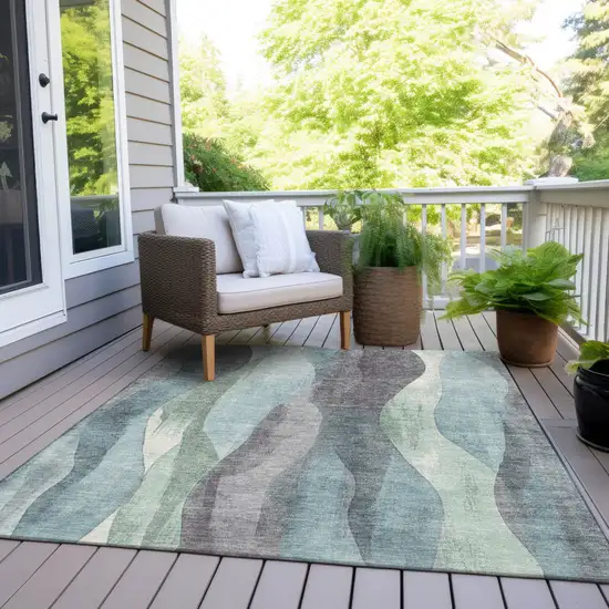 Teal Blue And Fern Green Abstract Washable Indoor Outdoor Area Rug Photo 7