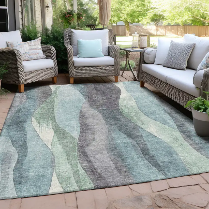 Teal Blue And Fern Green Abstract Washable Indoor Outdoor Area Rug Photo 3