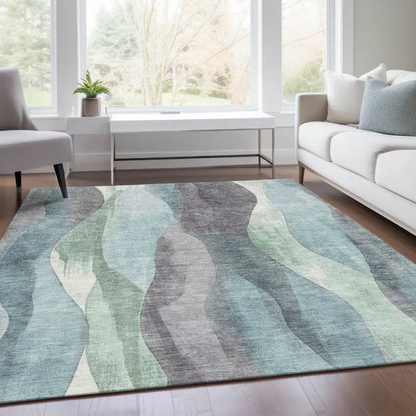 Teal Blue And Fern Green Abstract Washable Indoor Outdoor Area Rug Photo 5