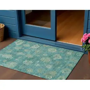 Photo of Teal Blue And Fern Green Floral Washable Indoor Outdoor Area Rug