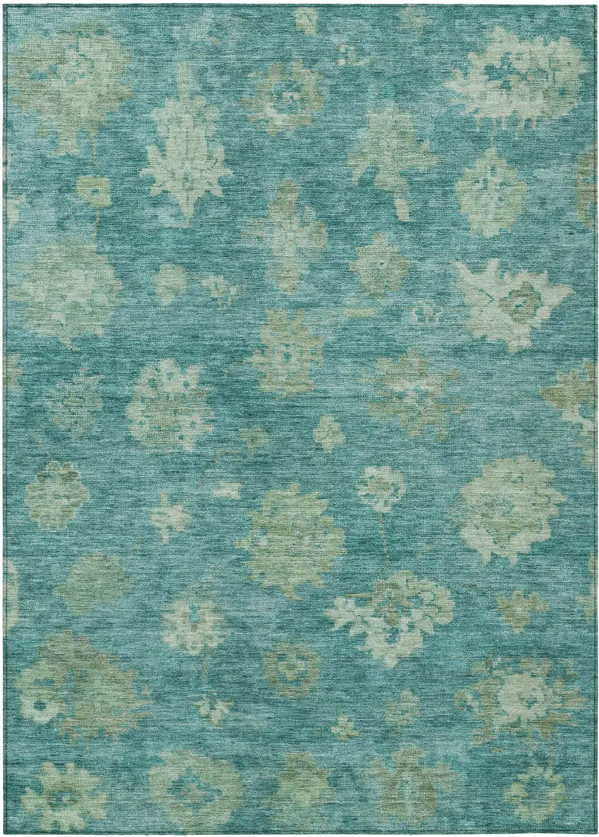 Teal Blue And Fern Green Floral Washable Indoor Outdoor Area Rug Photo 2