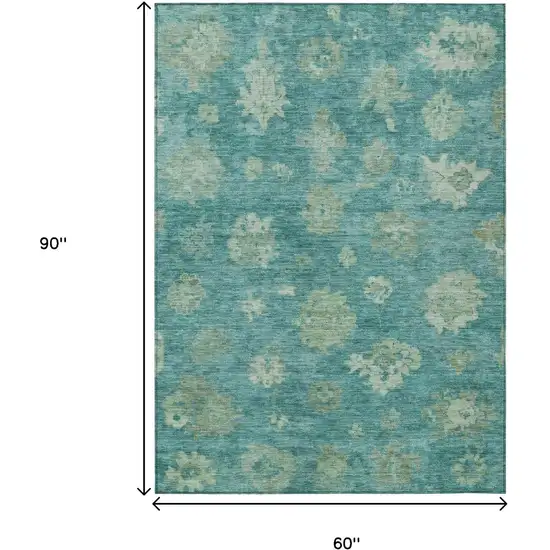 Teal Blue And Fern Green Floral Washable Indoor Outdoor Area Rug Photo 3