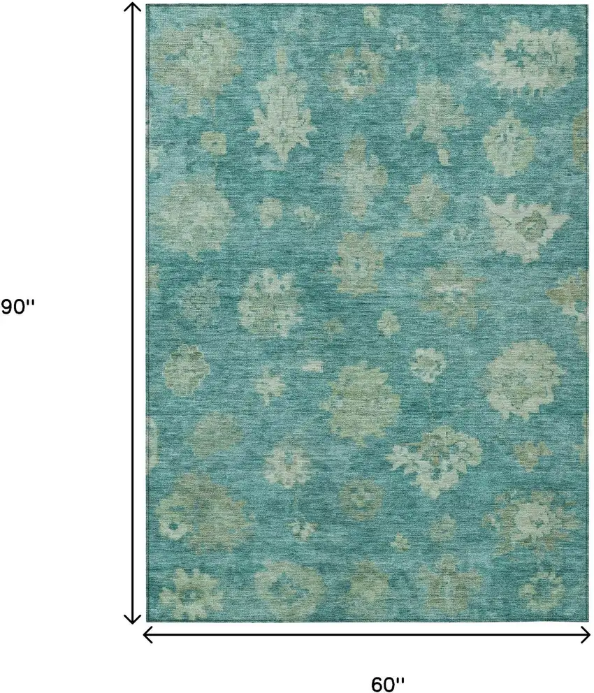 Teal Blue And Fern Green Floral Washable Indoor Outdoor Area Rug Photo 3
