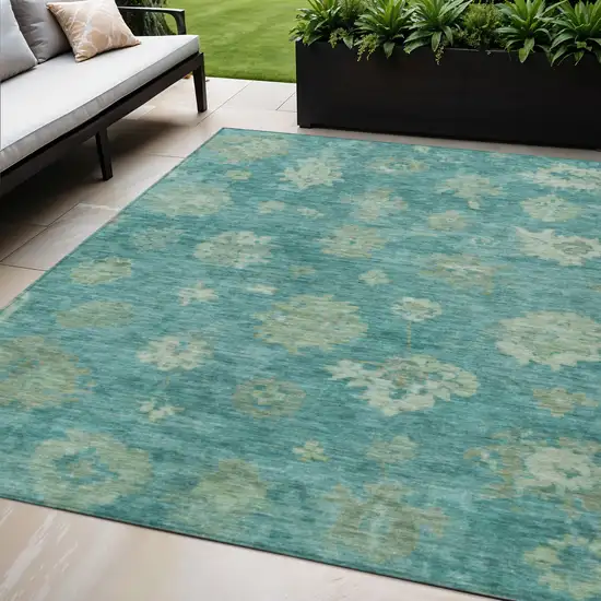 Teal Blue And Fern Green Floral Washable Indoor Outdoor Area Rug Photo 1