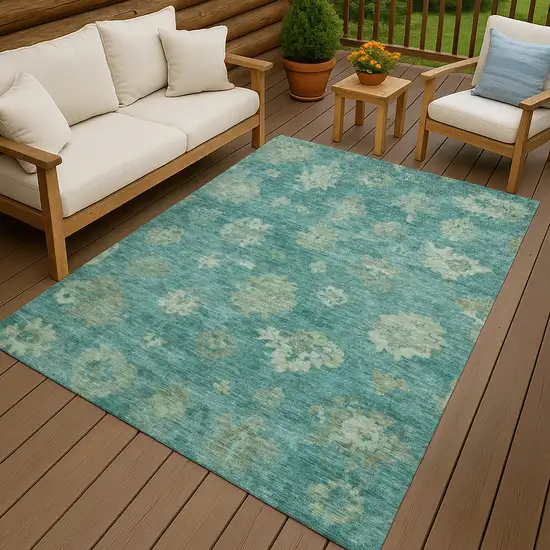 Teal Blue And Fern Green Floral Washable Indoor Outdoor Area Rug Photo 9