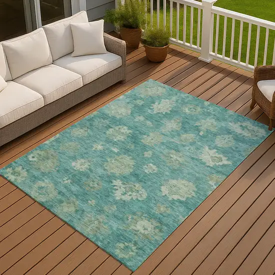 Teal Blue And Fern Green Floral Washable Indoor Outdoor Area Rug Photo 7