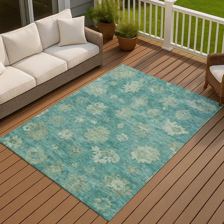 Teal Blue And Fern Green Floral Washable Indoor Outdoor Area Rug Photo 7