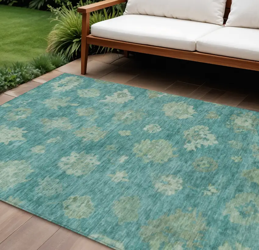Teal Blue And Fern Green Floral Washable Indoor Outdoor Area Rug Photo 1
