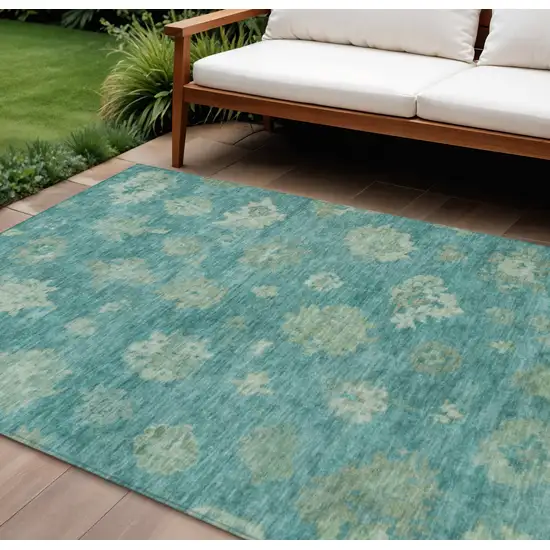 Teal Blue And Fern Green Floral Washable Indoor Outdoor Area Rug Photo 1