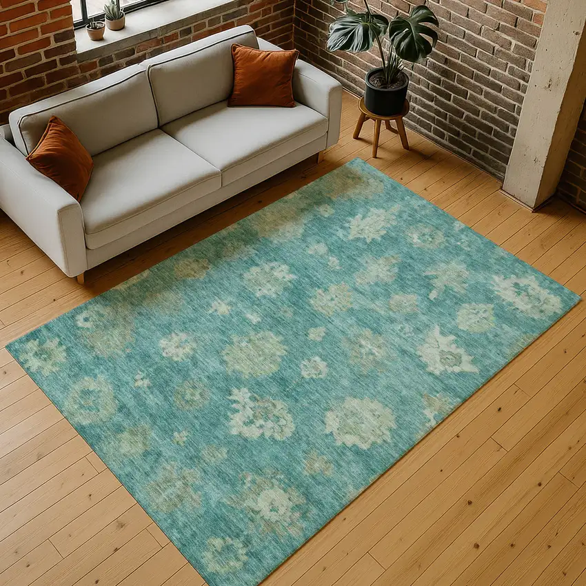 Teal Blue And Fern Green Floral Washable Indoor Outdoor Area Rug Photo 9