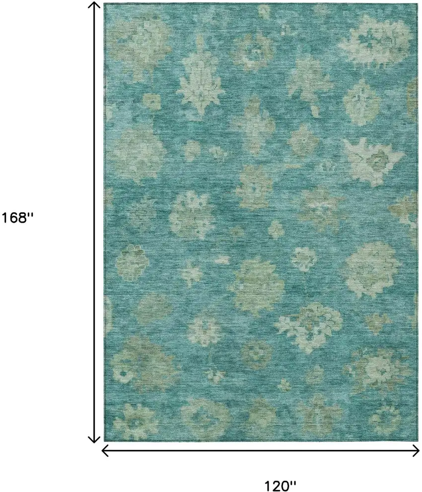Teal Blue And Fern Green Floral Washable Indoor Outdoor Area Rug Photo 3