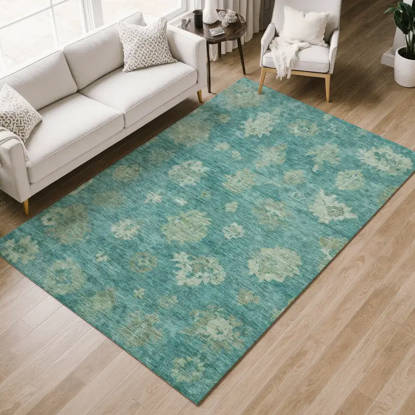 Teal Blue And Fern Green Floral Washable Indoor Outdoor Area Rug Photo 8