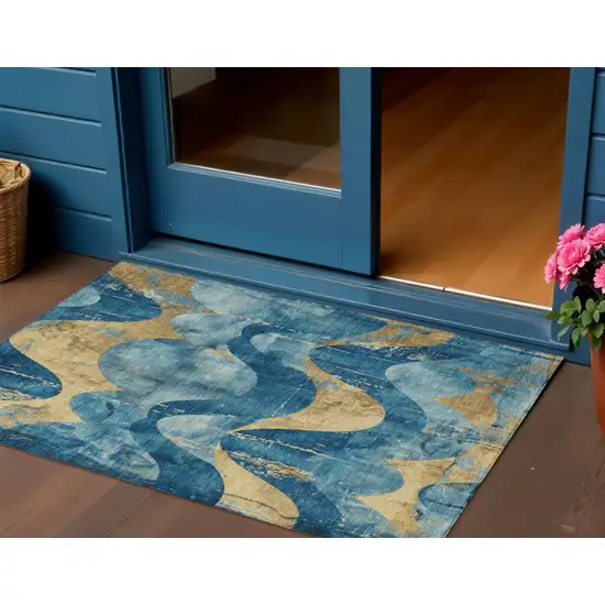 Teal Blue And Gold Abstract Washable Indoor Outdoor Area Rug Photo 2
