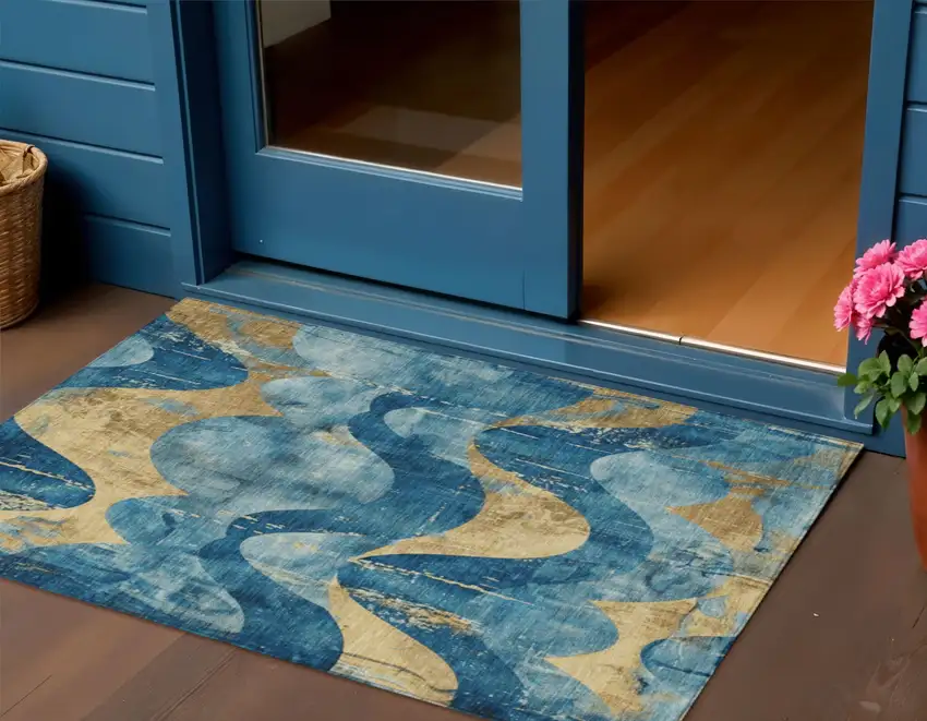 Teal Blue And Gold Abstract Washable Indoor Outdoor Area Rug Photo 2