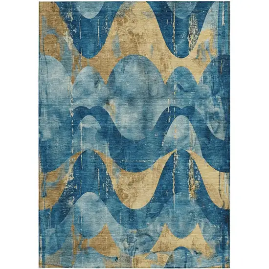 Teal Blue And Gold Abstract Washable Indoor Outdoor Area Rug Photo 9