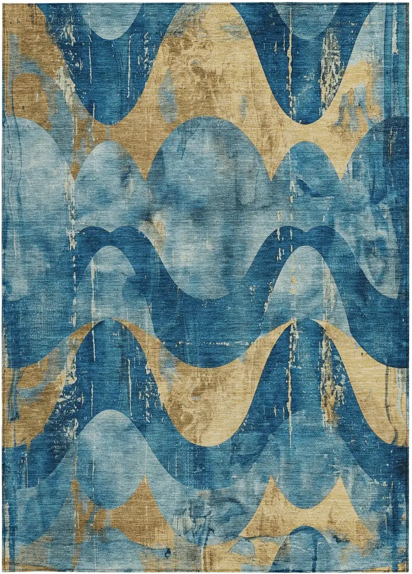 Teal Blue And Gold Abstract Washable Indoor Outdoor Area Rug Photo 9