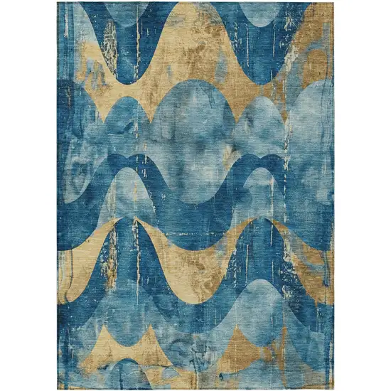 Teal Blue And Gold Abstract Washable Indoor Outdoor Area Rug Photo 8