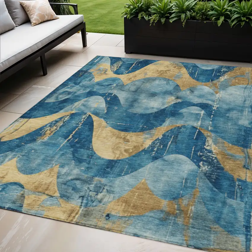 Teal Blue And Gold Abstract Washable Indoor Outdoor Area Rug Photo 2