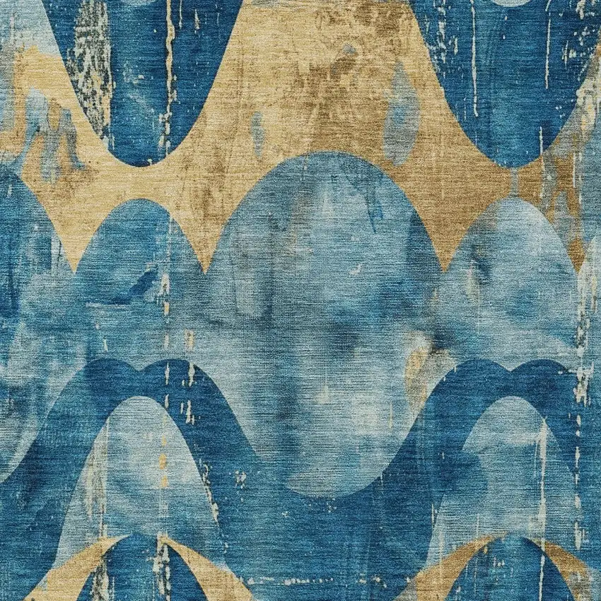 Teal Blue And Gold Abstract Washable Indoor Outdoor Area Rug Photo 8