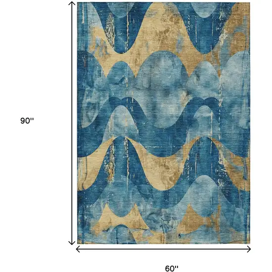 Teal Blue And Gold Abstract Washable Indoor Outdoor Area Rug Photo 9