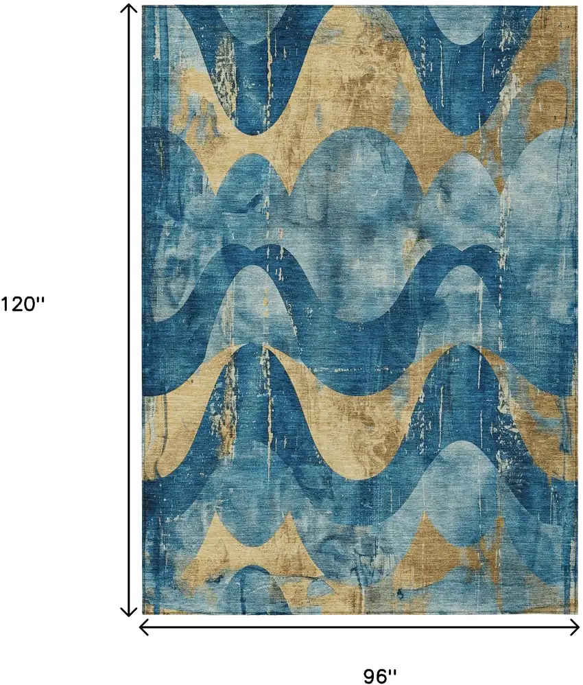 Teal Blue And Gold Abstract Washable Indoor Outdoor Area Rug Photo 9