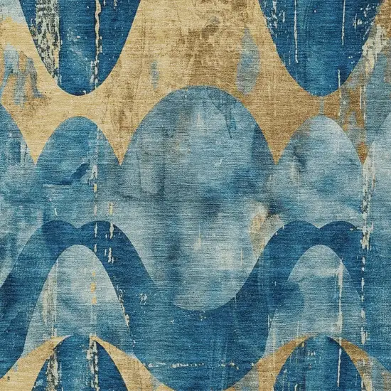 Teal Blue And Gold Abstract Washable Indoor Outdoor Area Rug Photo 8