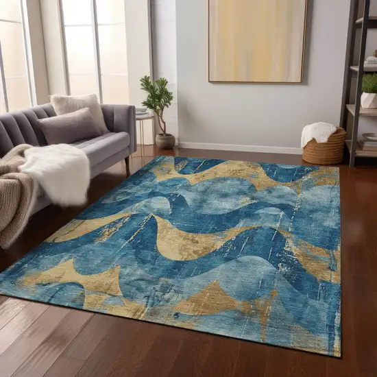 Teal Blue And Gold Abstract Washable Indoor Outdoor Area Rug Photo 7