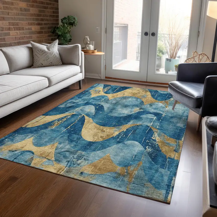 Teal Blue And Gold Abstract Washable Indoor Outdoor Area Rug Photo 6