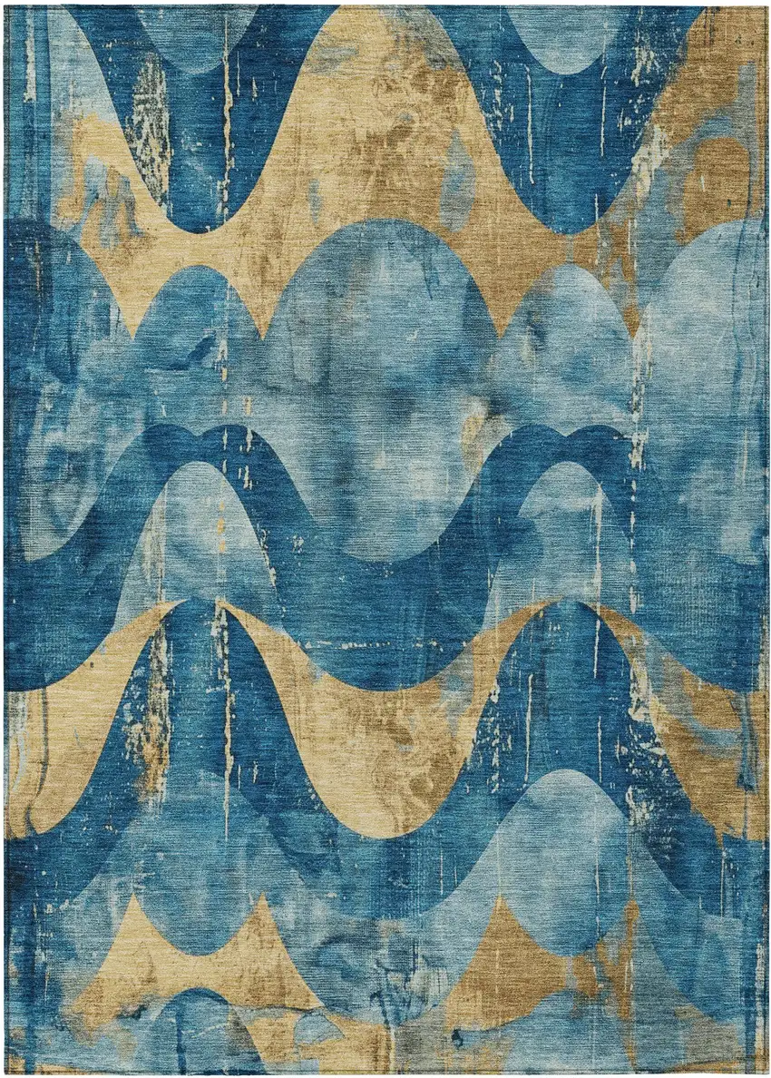 Teal Blue And Gold Abstract Washable Indoor Outdoor Area Rug Photo 9
