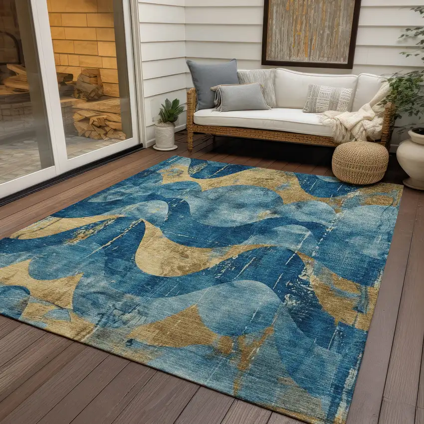 Teal Blue And Gold Abstract Washable Indoor Outdoor Area Rug Photo 5