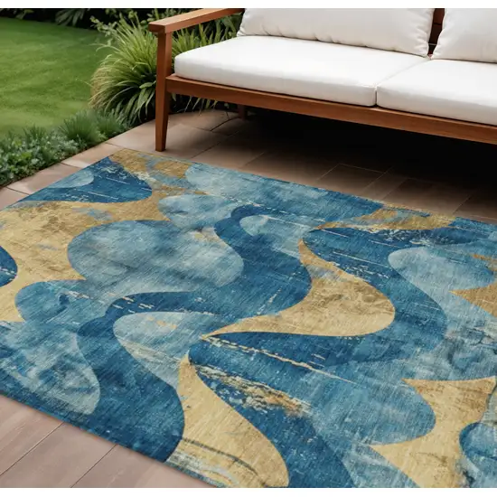 Teal Blue And Gold Abstract Washable Indoor Outdoor Area Rug Photo 2